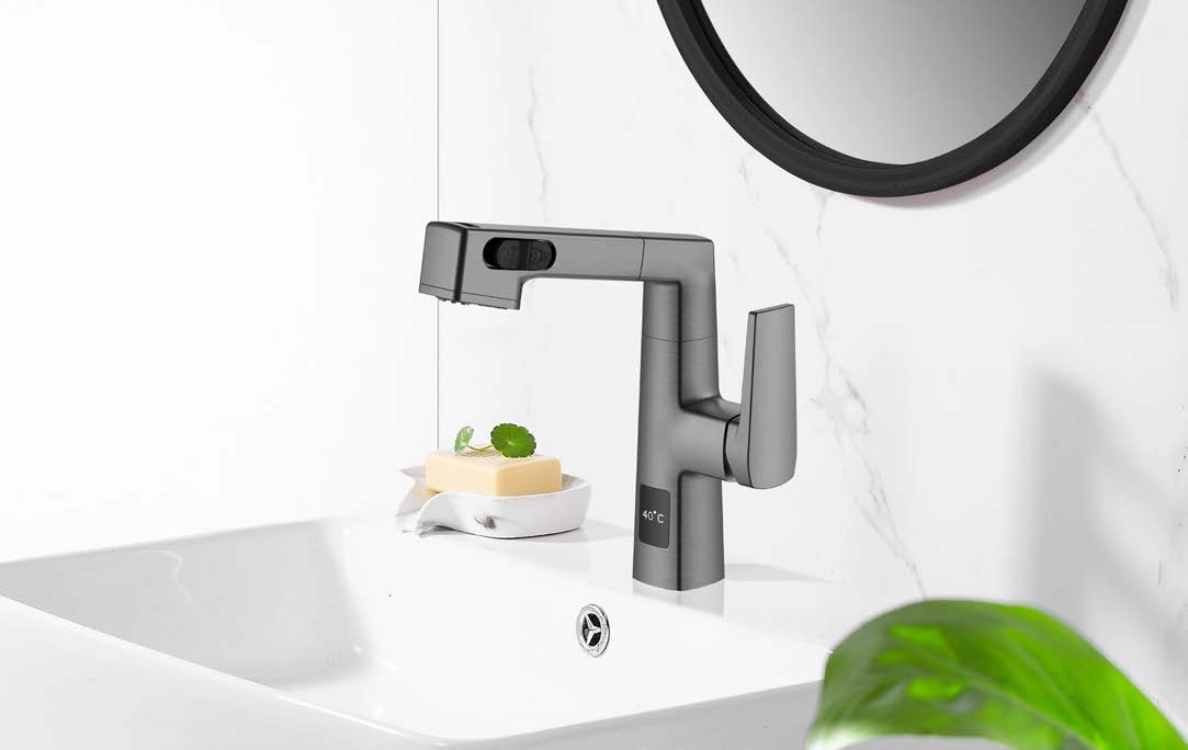 Матовый белый выдвижной смеситель для ванной комнаты с регулируемой высотой дисплея температуры новейшего дизайна