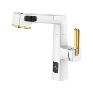  Уникальный дизайн дисплея температуры Белый и золотой выдвижной смеситель для ванной комнаты Регулируемая высота